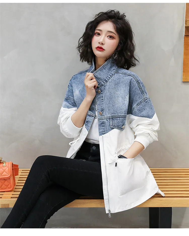 Mulheres Retalhos Denim Jaqueta Color Drawstring Coat 2021 Primavera Outono Nova Moda Splice Blusão Jeans Feminino H184 Hit 3 Cheap Jaquetas básicas