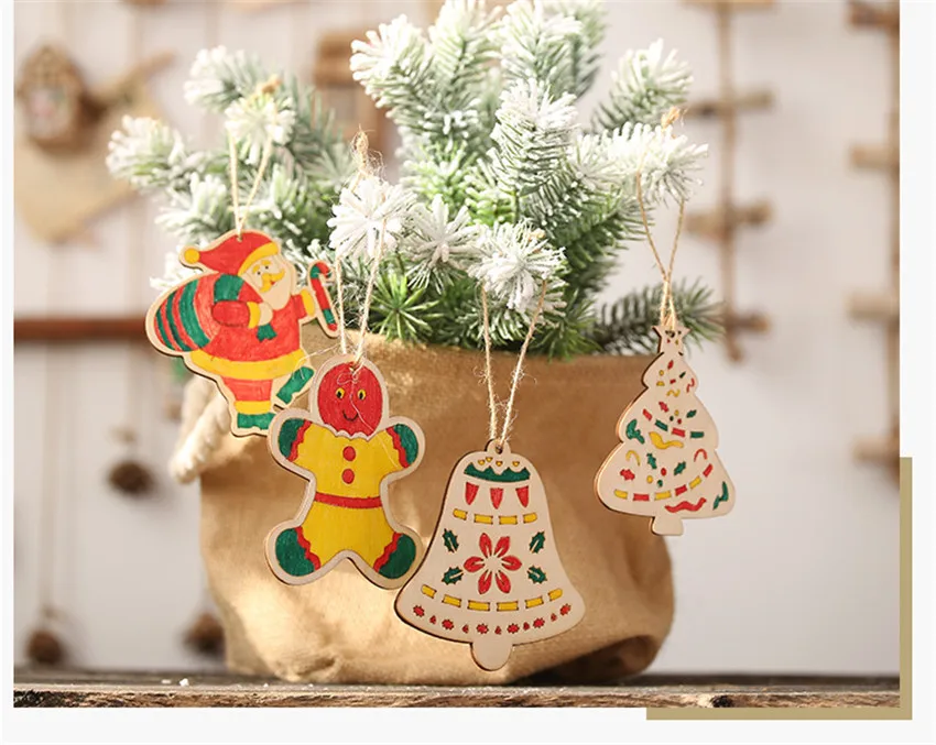 5pcs Wooden Kids DIY Color Painting Christmas Ornaments Cute Santa Claus Graffiti Art Crafts Toys Pendants Xmas Tree Decoration