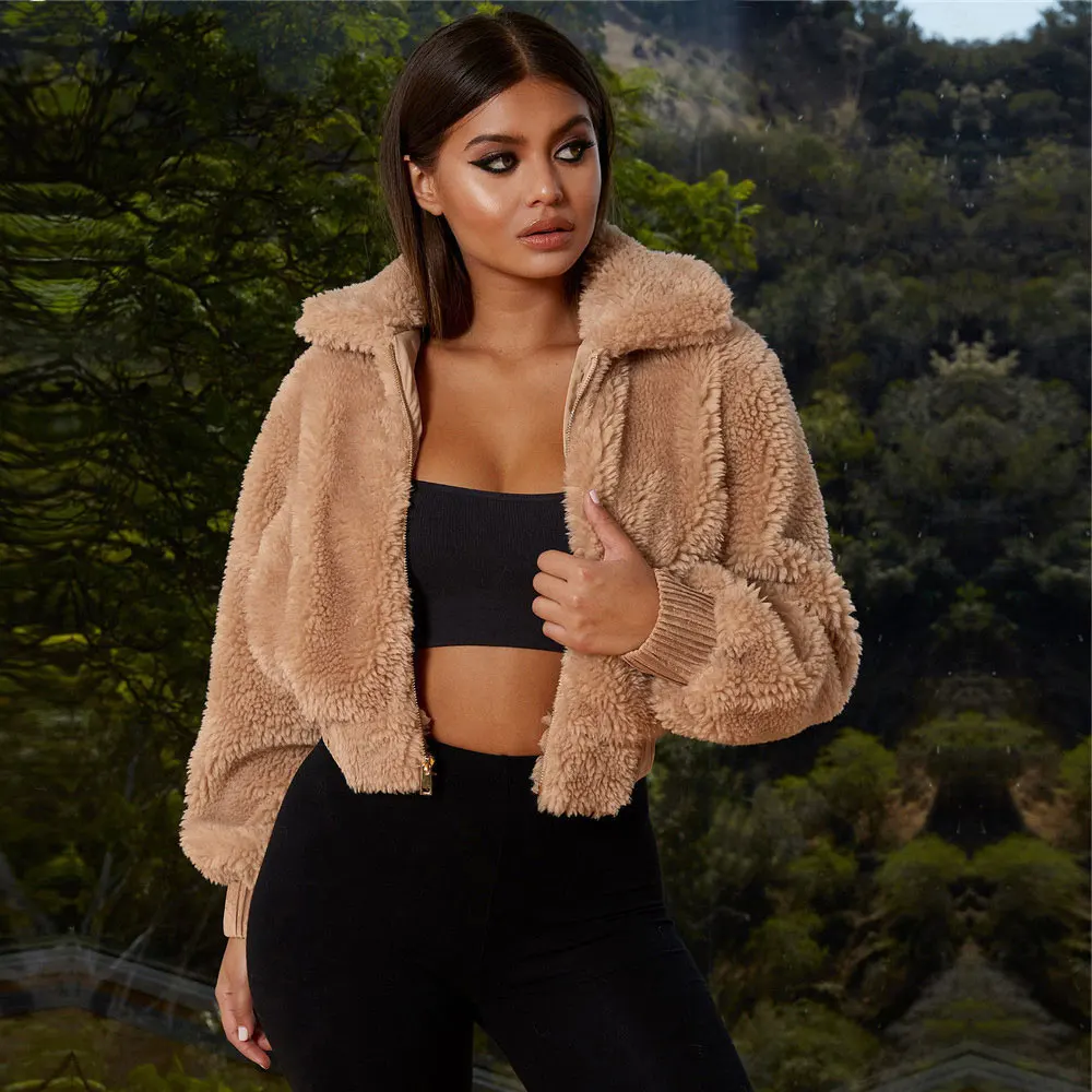 

Fur Jacket Coat Teddy Fleece Autumn Winter Warm Soft Thick Long Sleeve Women Zip-Up Outwear Elegant Zipper Pocket Cropped Coat