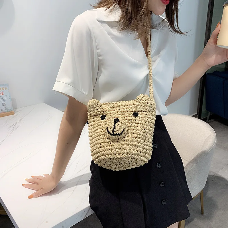 

Korean-style Summer Cute Cartoon Puppy Woven Bag Paper String Straw Bag Fashion Oblique Beach Bag Seaside Leisure Bag