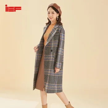 

IEF Autumn and Winter Vintage Plaid Mid-Long Style Women Woolen Coat Parka Tweed Trench Coat Long Sleeves 0603A-D64-