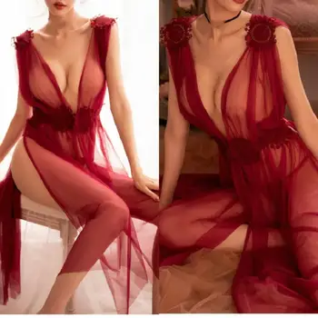 

Sexy Transparent Long Night Robes with Lace Appliques Side Slits Wedding Bridal Sleepwear Bathrobe