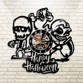 

Happy Halloween Vinyl Record Art Christmas Ornaments Skulls Skeleton Gothic Nightmare LED Lighting Wall Clock Horror Decorative