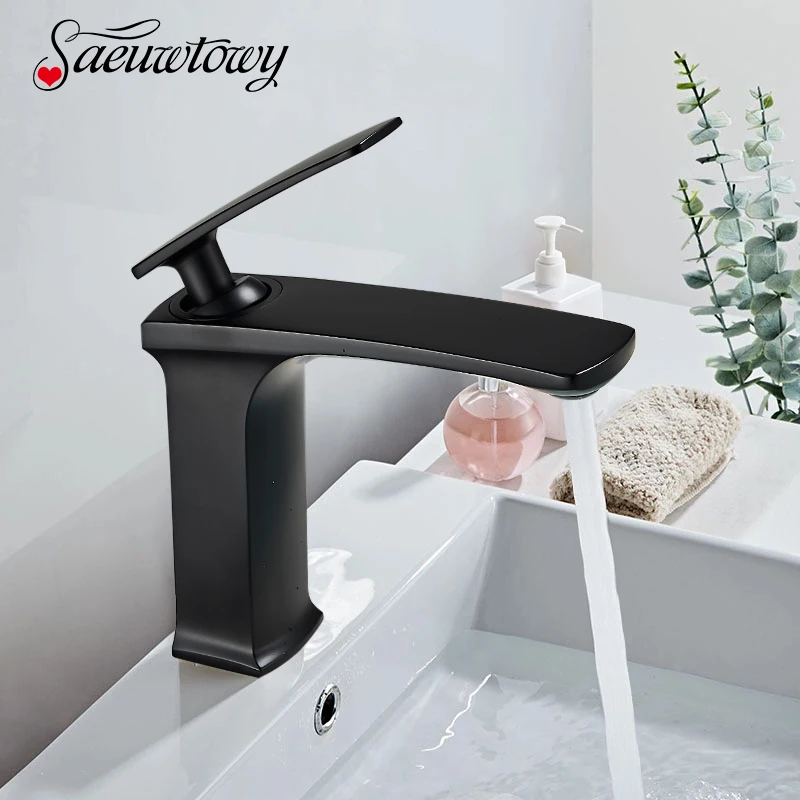 Short Black Bathroom Sink Basin Mixer Single Handle Waterfall Tap Deck Mount