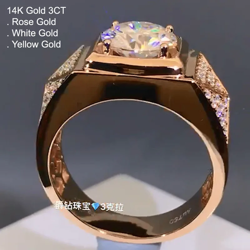 14K желтое золото 3 карат муассант кольцо с бриллиантом мужское роскошное 3D