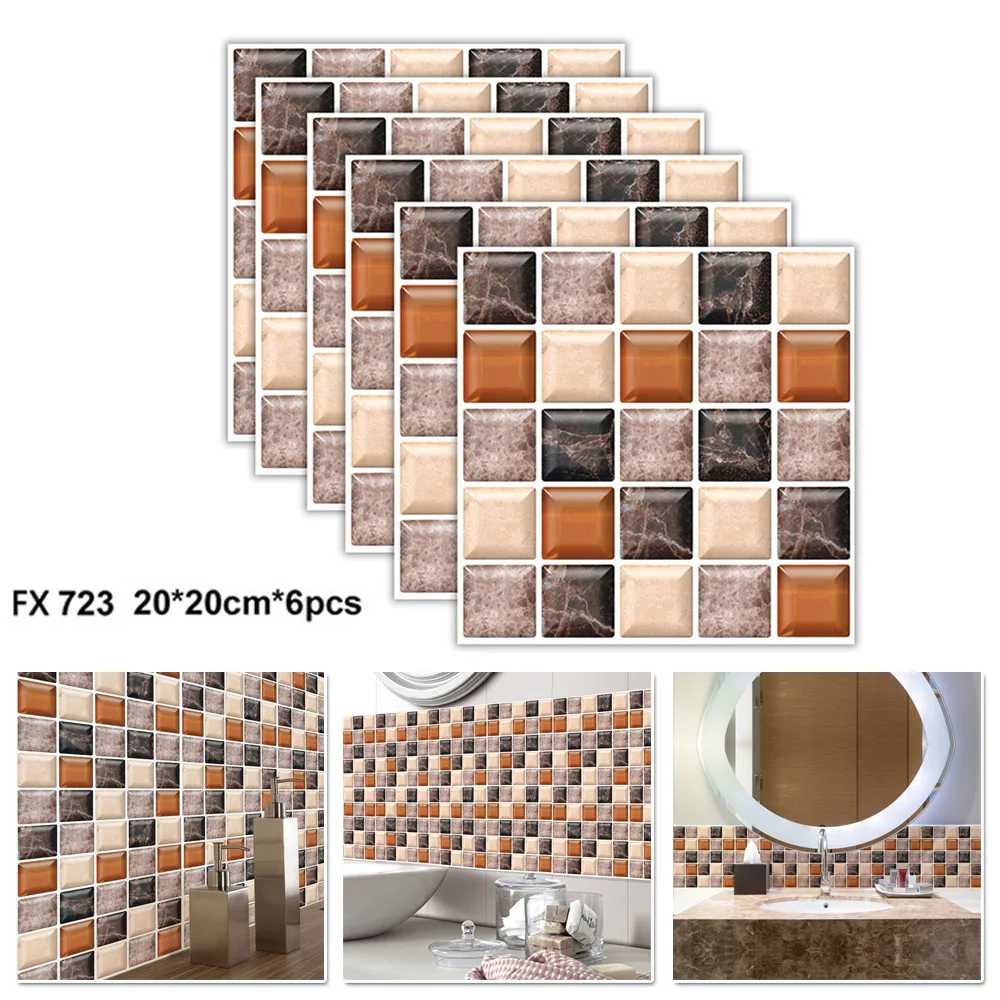 

6 Pcs Mosaic Wall Floor Tiles Waterproof Moisture Proof Sticker Bathroom Bedroom Self-adhesive