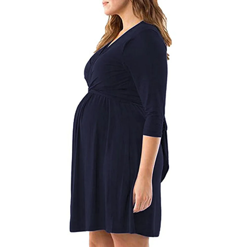 Vetement femme, женская одежда для беременных, платье с v-образным вырезом и длинными рукавами, однотонное платье для беременных, сарафан для грудного вскармливания