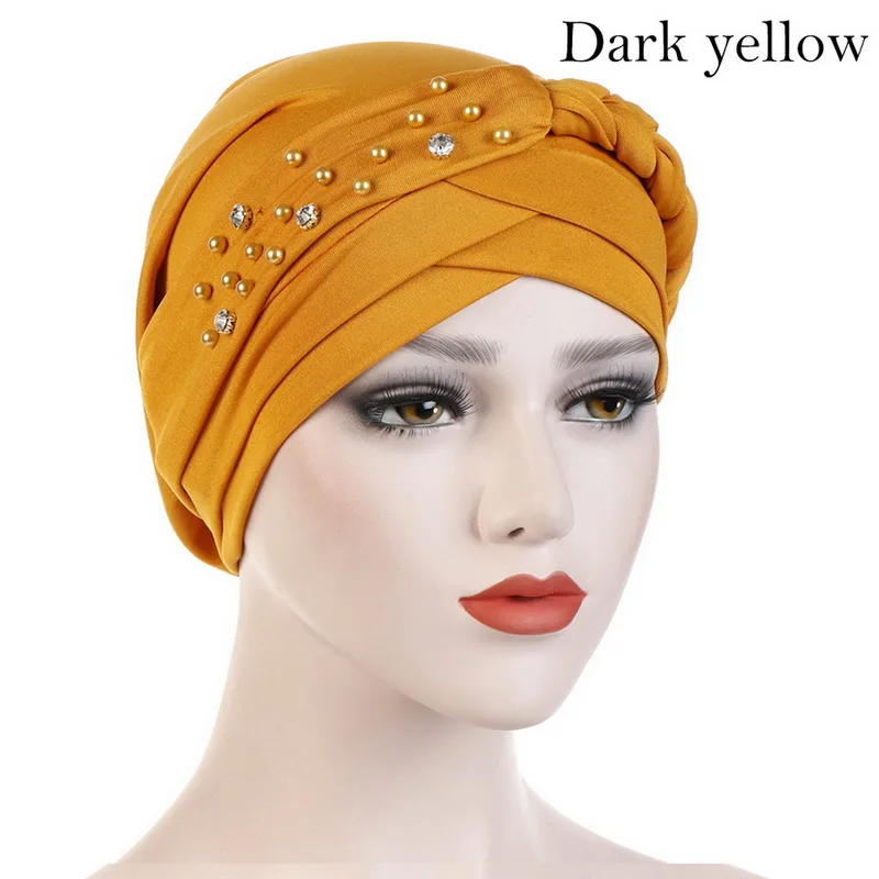 

SHUJIN Women Head Scarf Head Wrap Muslim Soft Cancer Chemo Cap Turban Hats Beads Braid Hair Loss Beads Islamic India Cap New