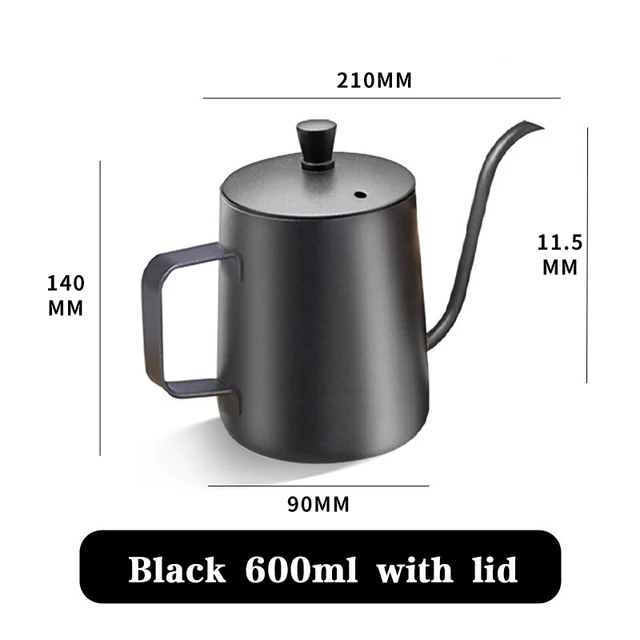 Drip Kettle 350ml 600ml Hand Make Coffee Tea Pot Non-stick Coating Food Grade Stainless Steel Gooseneck Drip Kettle Thin Mouth black 600ml and lid
