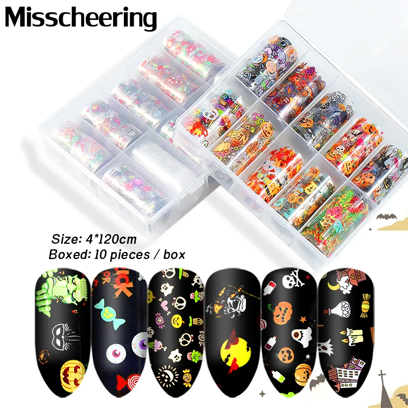 

10Pcs Christmas Halloween Nail Foil Set Snowflake Pumpkin Skull Hat Transfer Nail Stickers Paper Holographic Nail Art Decoration