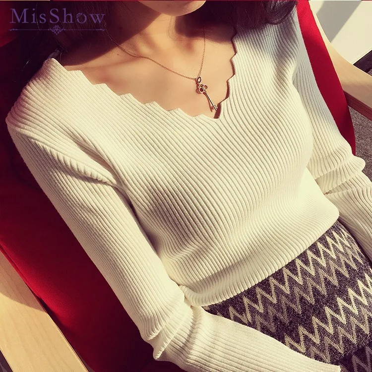 

Misshow Autumn Winter Korean Style Sweater Women Unique Design Wave Collar Pullover One Size Elasticity Slim Jumpers Pull Femme