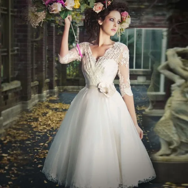 Vestido de noiva, короткие винтажные рукава, casamento, Новое поступление, ручная работа,, кружевные дешевые платья подружки невесты с v-образным вырезом