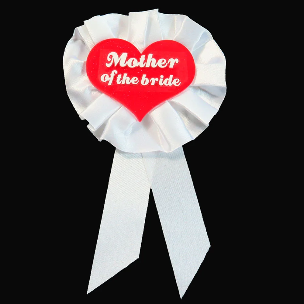 Wredglittemotheroftb 10pcs wholesale Red Glitter heart button White ribbon badge Baby shower bachelorette bride to be ribbon maid of honor brooch - Цвет: Wredglittemotheroftb