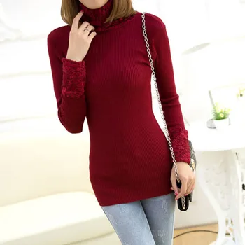 

Winter Pullovers 2020 new Korean style Slim piles collar lace full sleeve sweater thick turtleneck bottoming women clothing 7467