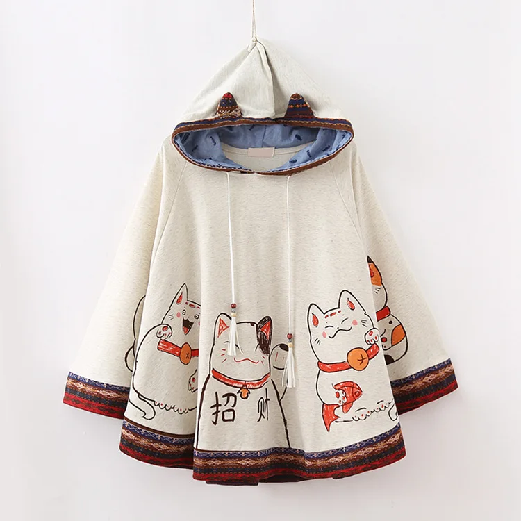 SN3669 Осень стиль японский стиль Mori Girl Line Lucky Cat печатных толстовка женская накидка шаль Топы Мода