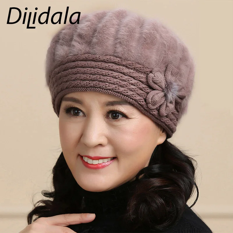 

Dilidala Middle-aged Woman Beret For Female Casual Rabbit Fur Winter Warm Earmuffs Wool Mom Cap Winter Hats For Women Beret