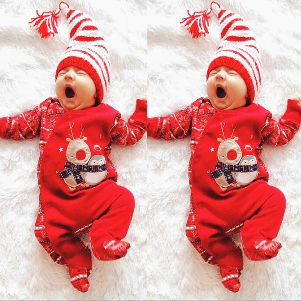 BURFLY Christmas Newborn Infant Baby Girl Boy Striped Deer Pattern Romper Jumpsuit Clothes Outfit Set 