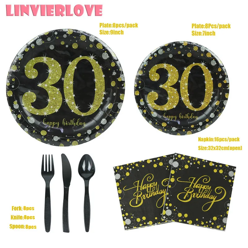 LINVIERLOVE Happy 30th 40th 50th 60th черный золотой одноразовый набор посуды для дня рождения свадебные бумажные тарелки салфетки товары для праздника