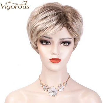 

Vigorous Short Straight Synthetic Wig Omber Blone Brown Wigs For White Women Natural Pixie Cut Wig With Bangs Heat Resistant