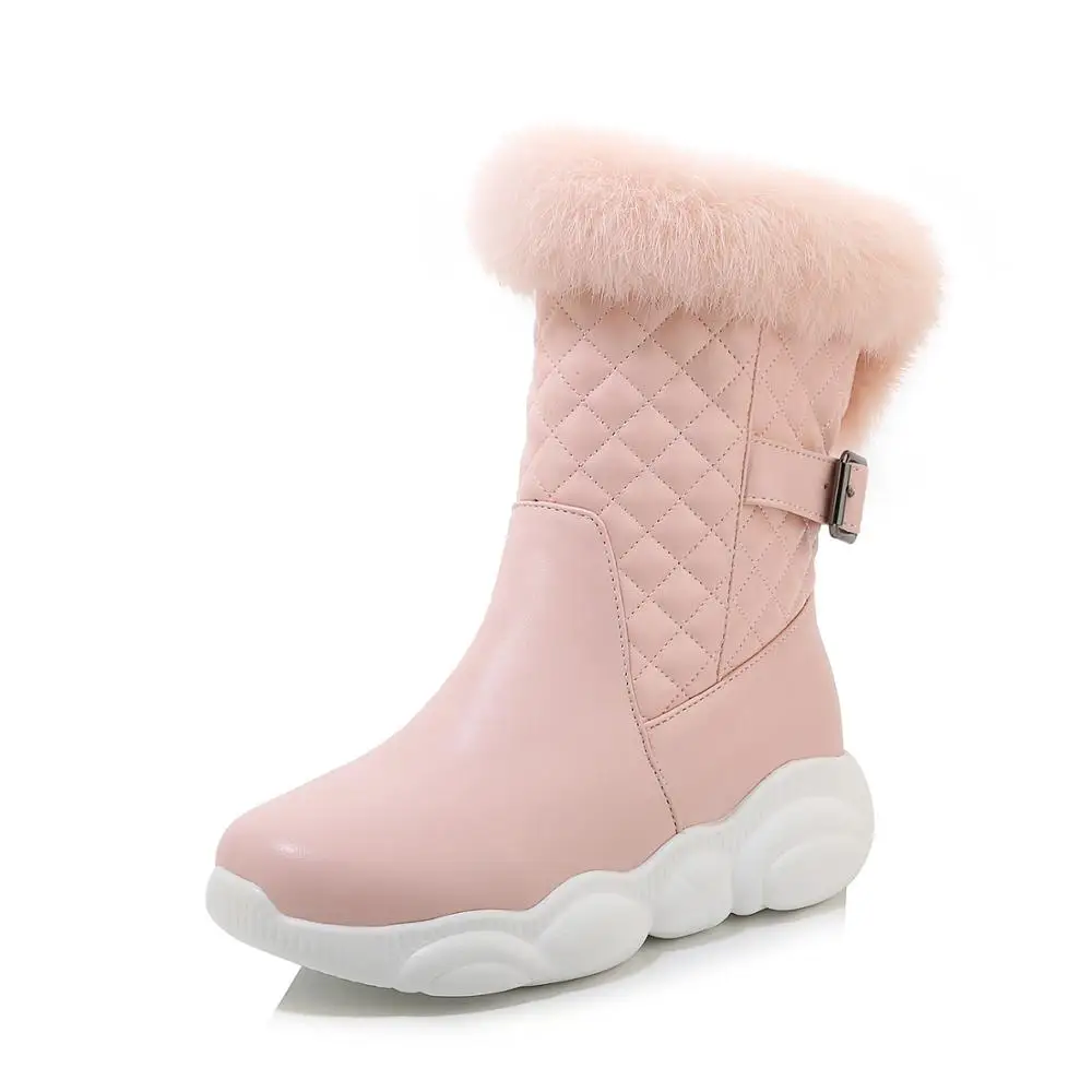 Sweet Ladies Quilted Mid-calf Boots Warm Faux Fur Winter Snow Shoes for Women Female Thermal Sneakers Boots Larger Size 46 - Цвет: pink boots