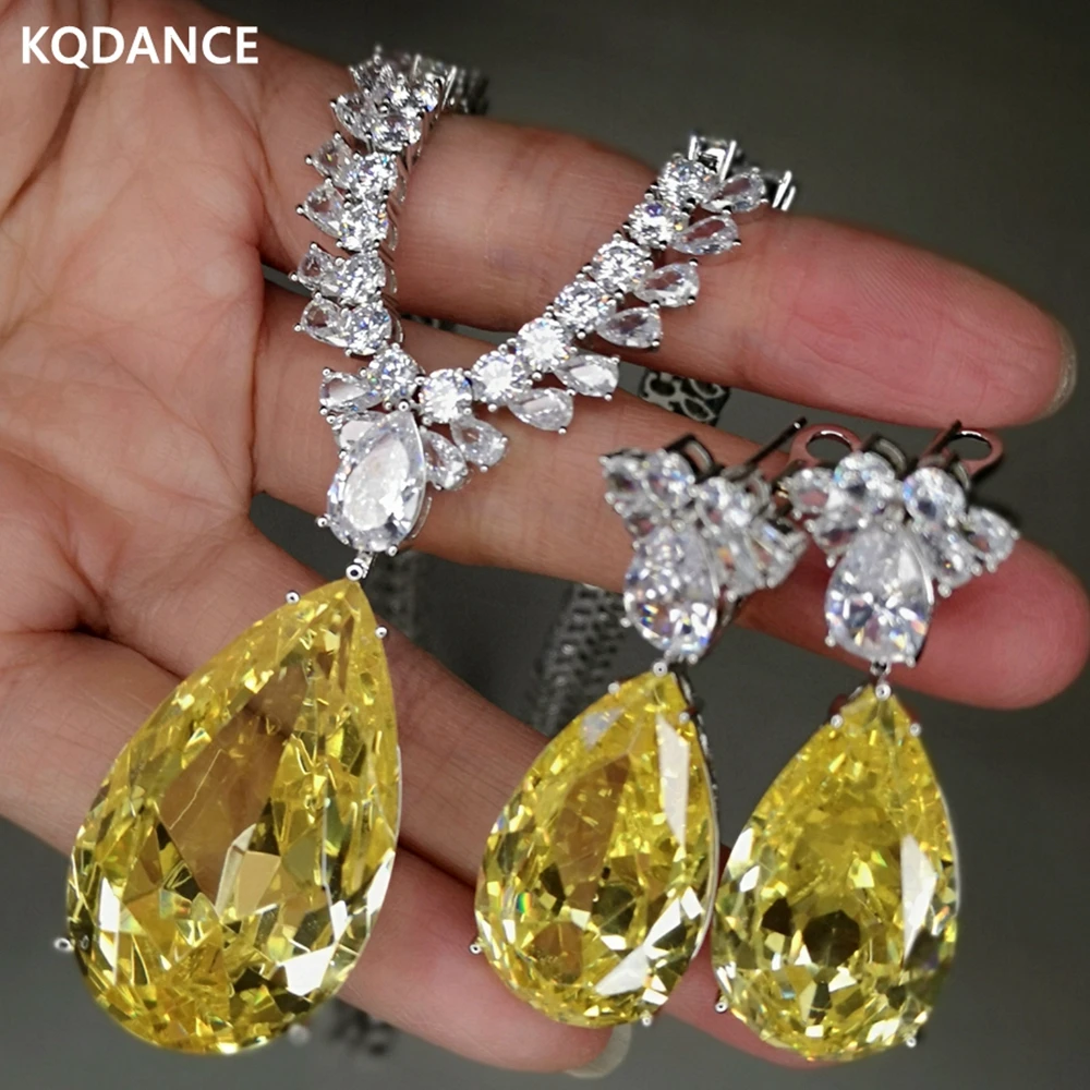 KQDANCE Large Lab Moissanite Crystal Royal Diamond Chain Necklace Long Earrings With Yellow Stone Bridal Jewelry Set For Woman shanxi wutaishan specialty chengni inkstone platform with cover clearance houtian original stone study four treasures calligraph