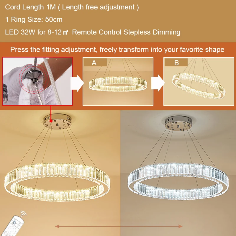 1 Ring 50cm Современная Великолепная Хрустальная подвеска из колец, Светильники для виллы, гостиной, большой подвесной светильник, затемняющий освещение, потолочный светильник для спальни - Цвет корпуса: 1 Ring 50cm