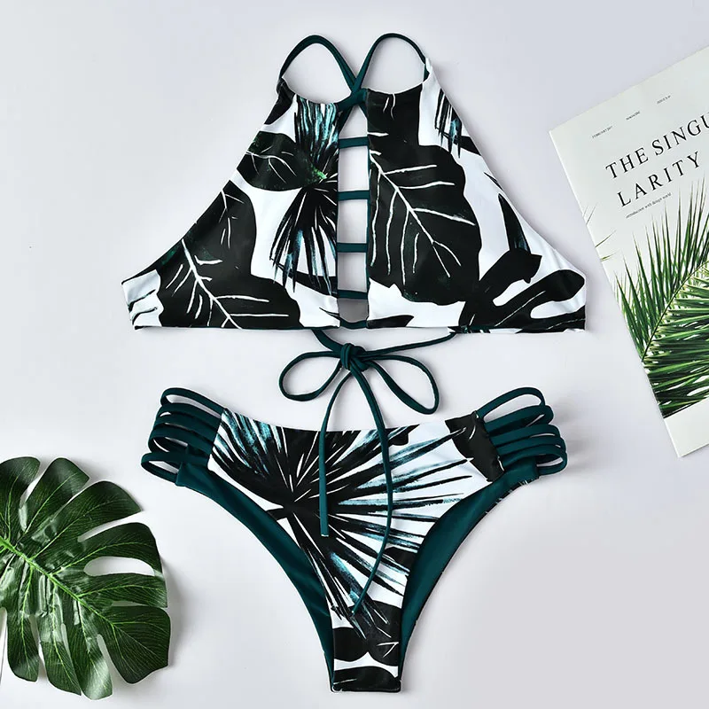 

Sexy Swimwear Women Bikini Leaf Print 2020 New Brazilian Backless Bikini Set Swimsuit Female Bandage Bathing Suit Two Piece Suit