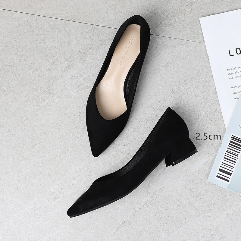 black2.5cm Женская обувь без шнуровки; сезон лето; квадратный высокий каблук; коллекция года; офисные женские туфли-лодочки из флока с острым носком на каблуке; женские босоножки; свадебные туфли - Цвет: black2.5cm