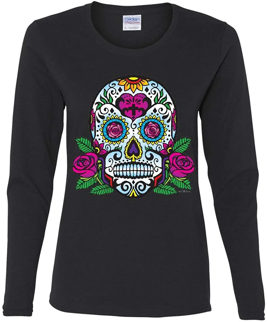 Сахарный череп с розами День мертвых футболка длинным рукавом Calavera Унисекс