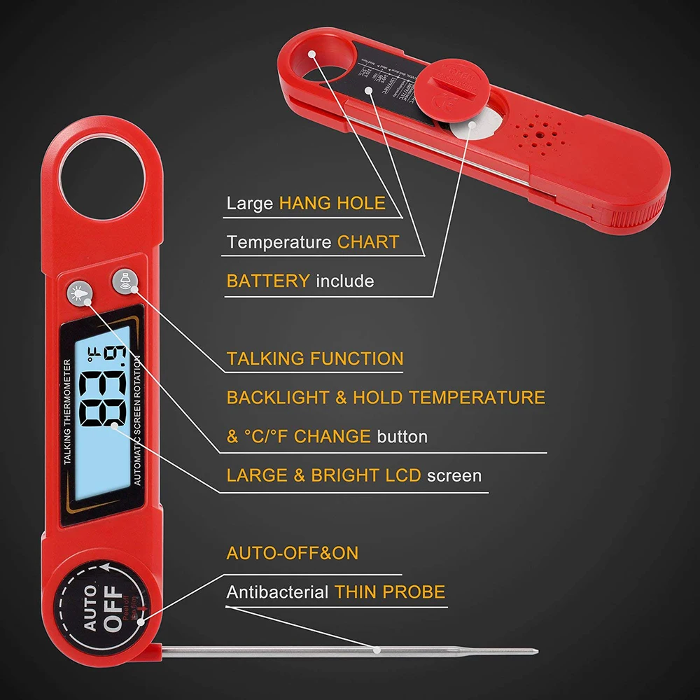 digital thermometer Waterproof Digital Instant Read Meat Thermometer Voice Report for Kitchen Cooking Oil Food BBQ Grill
