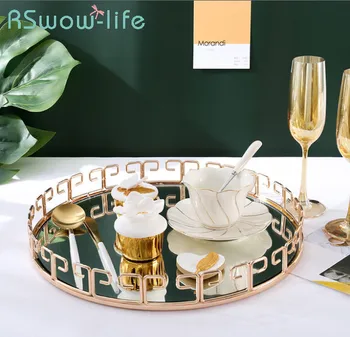 

38 * 38 * 5cm Light Luxury Metal Mirror Trays Desktop Storage Trays Decorative Serving Tray Food Tray For Kitchen Storage