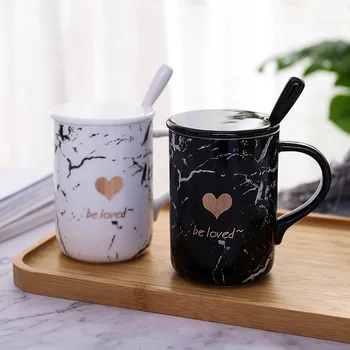 

Nordic style marble ceramic cup with lid with spoon creative mug black and white couple student cup wedding gift