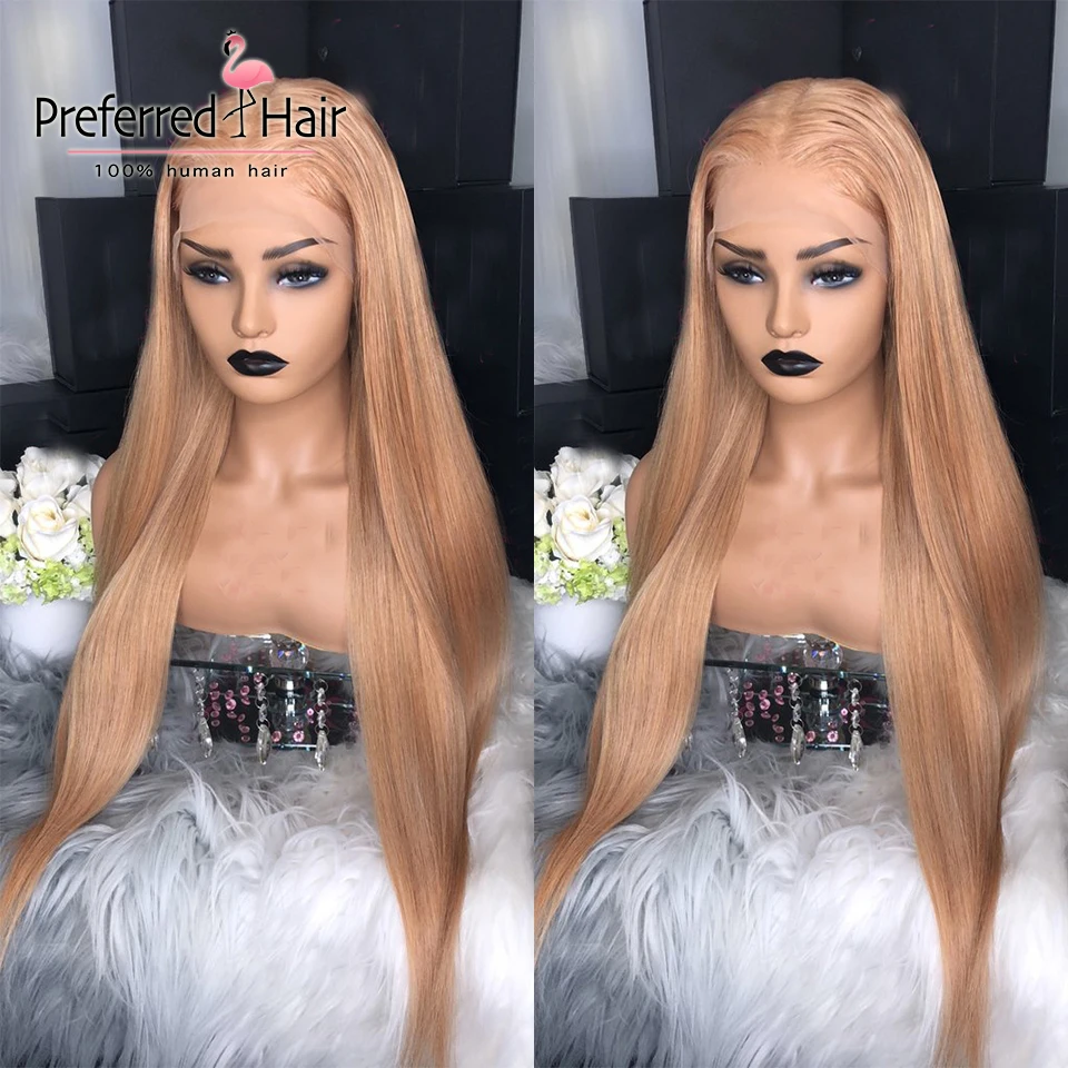 Preferred honey Blonde#27 13x6 парик фронта шнурка предварительно сорванный бразильский Remy 1B корни Прямые Полностью кружевные человеческие волосы парики для женщин