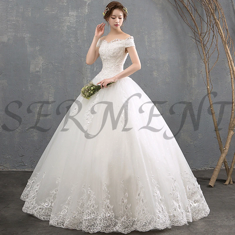 

Floral Print Wedding Dress Lacework Hand-made Flowers Rhinestone Ball Gown Back Lace Up Boat Neck Free Custom Made Plus Size