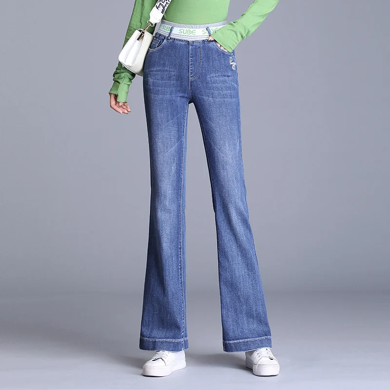 

High Quality Elastic Waist 95% Cotton Long Flare Jeans 2020 Spring Summer High Waist Letter Beaded Blue Denim Jeans Ladies Pants