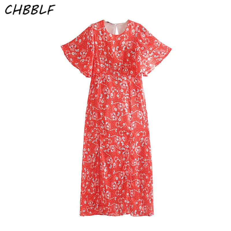 CHBBLF женское винтажное платье с принтом Короткие рукава-фонарики повседневное шикарное платье с разрезом vestido WDL1002