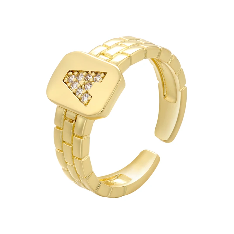bague HIP HOP en or ajustable, anneau avec lettres CZ A-Z, anneau de nom carré pour femmes et filles