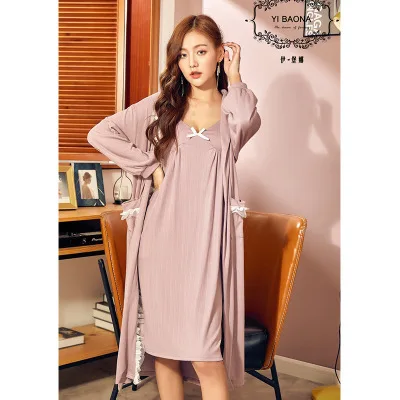 HaloSweet Winter Cotton Nightgown Suit Women Sleepwear Long Sleeves Dressing Gown With Robe Two Piece Lounge Set Night Set Lady - Цвет: Pink