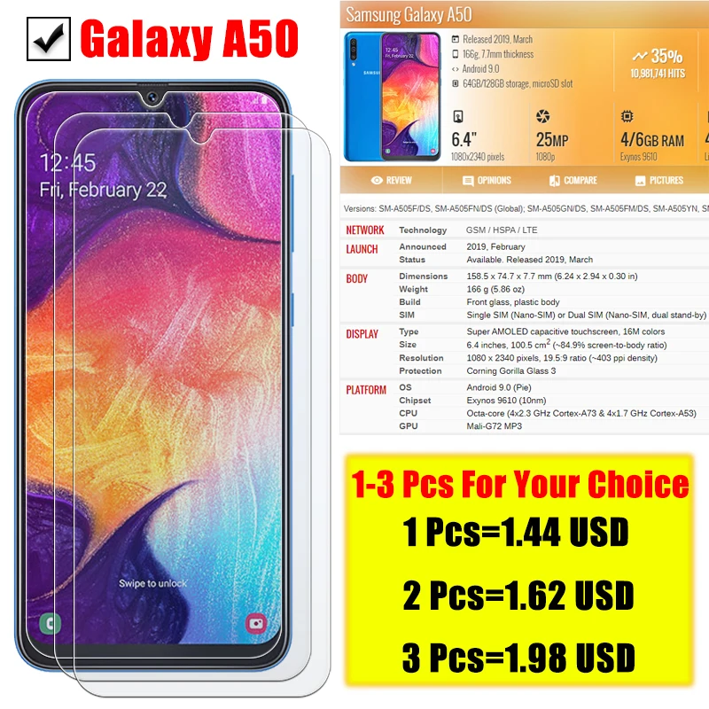 3 шт Защитное стекло для samsung galaxy A50 A 50 Samsyng Защитная пленка для экрана galaxy a50 из закаленного бронированного листа Samsun Tremp