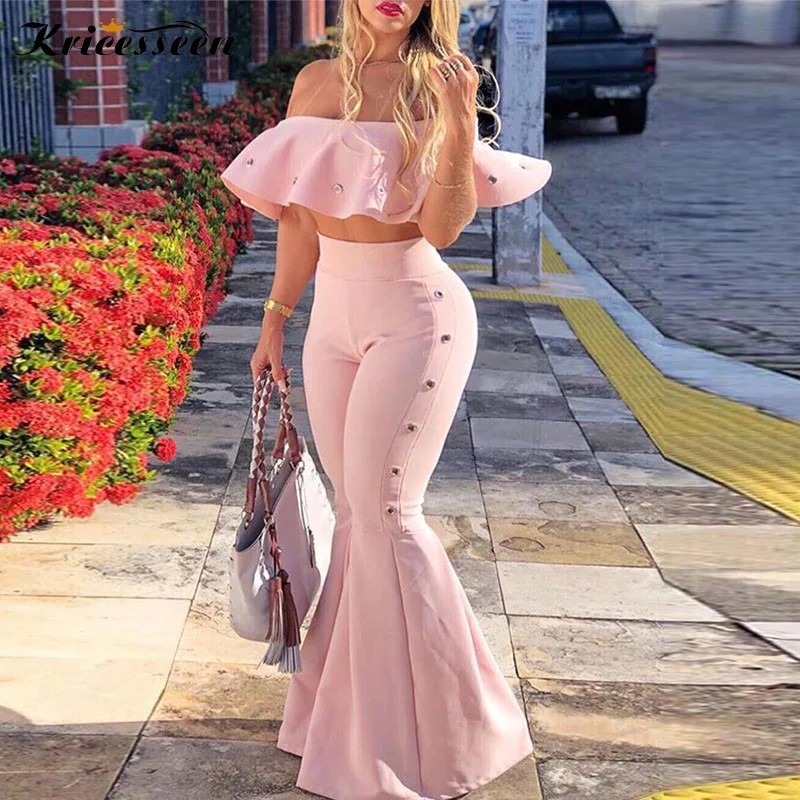 

Kricesseen Sexy Ruffled Buttons Detail Two Pieces Pant Set Women Off The Shoulder Top And Flare Long Pants Suits 2 Piece Outfits