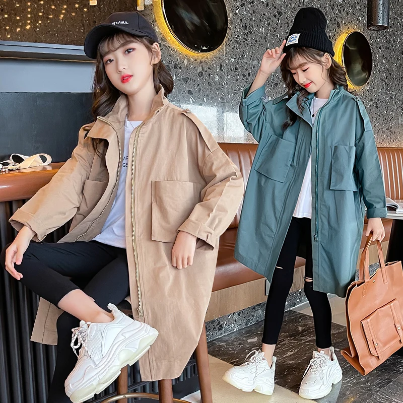 

New Fashion Teen Girls Trench Coats Spring Autumn Cotton Kids Long Jacket Solid Color Children Trench Coats for Girls 4-14 Years