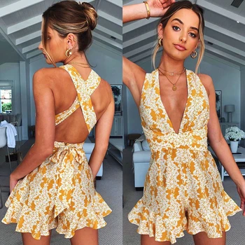 

2020 Summer Flower Print Boho Sexy Fashion Cami High Waist Shorts Jumpsuits & Rompers Backless Overalls For Women Beach