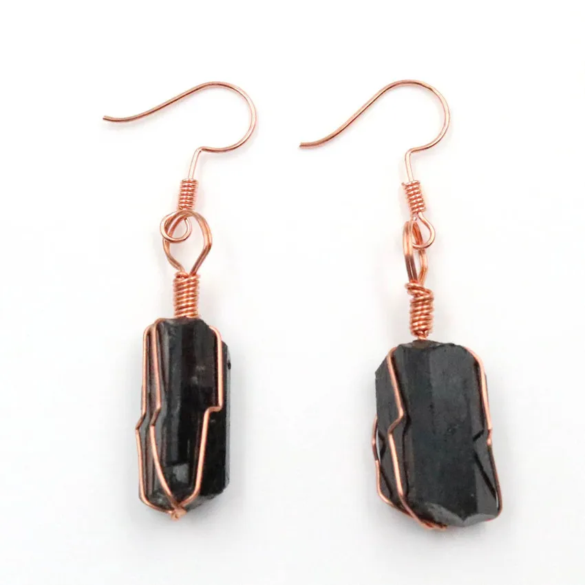 

FYJS Unique Jewelry Rose Gold Color Wire Wrap Irregular Shape Black Tourmaline Stone Hanging Hook Earrings