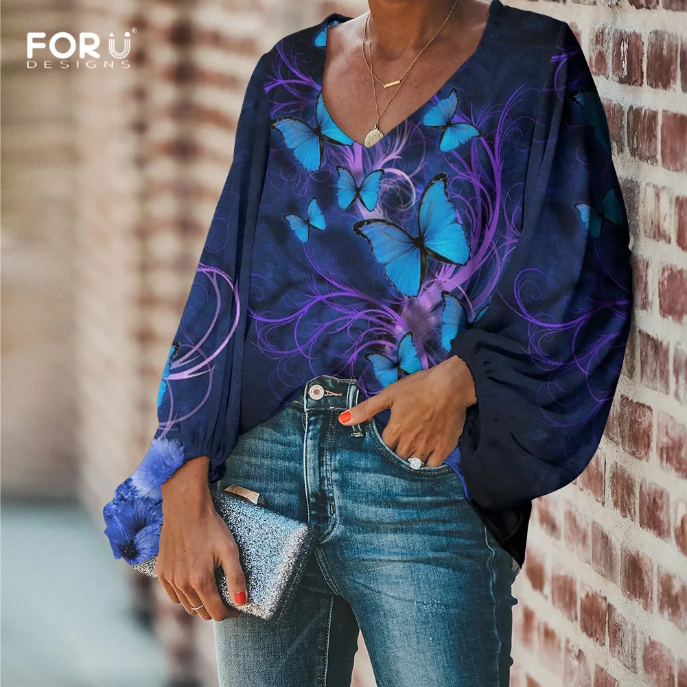 FORUDESIGNS/женские шифоновые блузки с v-образным вырезом, свободные топы с рукавами-фонариками для женщин, повседневная одежда с объемными бабочками, женская блузка
