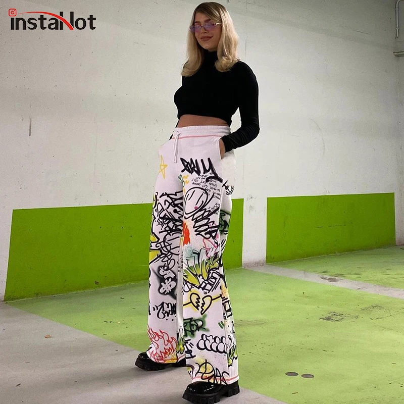 InstaHot Harajuku широкие брюки с принтом 2021 свободные хлопковые летние повседневные