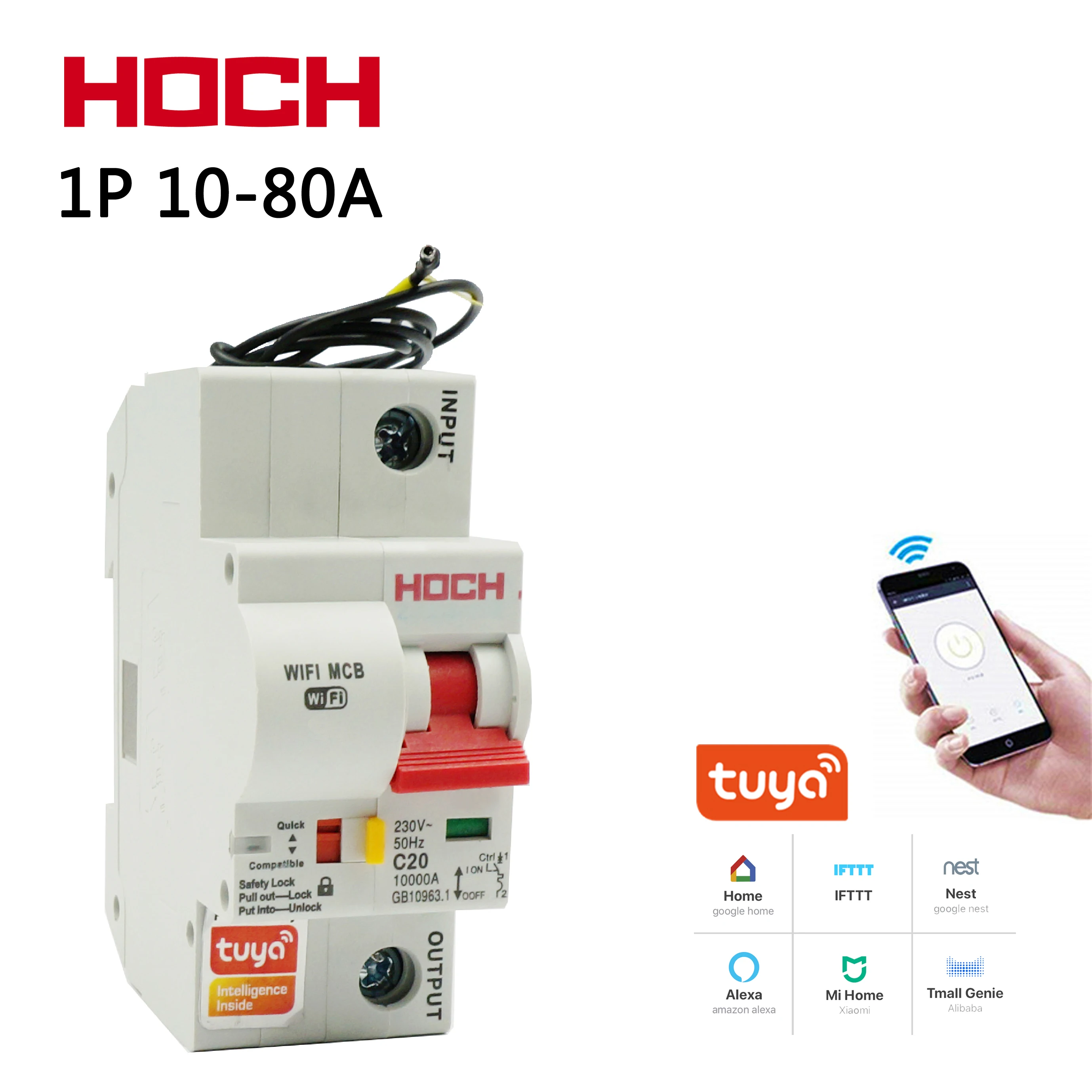 

HOCH Tuya Smart 1P WiFi Circuit Breaker Automatic Switch Remote control smart recloser Overload Short Circuit Protection Factory