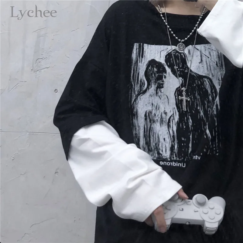 Lychee Harajuku/женская футболка с принтом персонажа, топ, футболка, пэчворк, вырез лодочкой, женские футболки, поддельные 2 штуки, женские футболки, топы, футболки