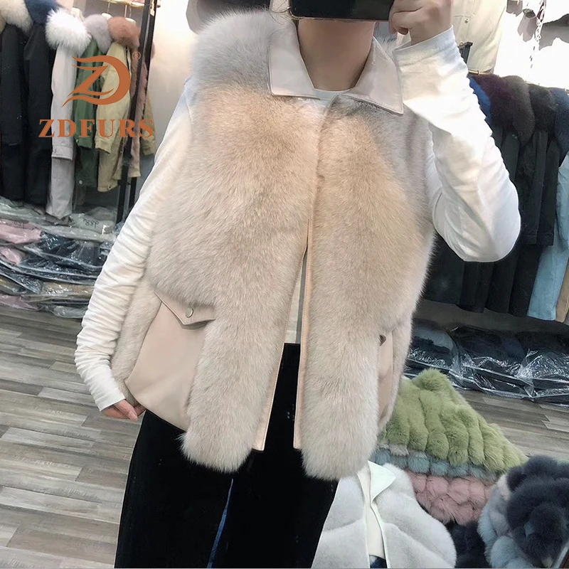 Женский безрукавный жилет ZDFURS * зимний кожаный с натуральным лисьим мехом 2019|Шубы