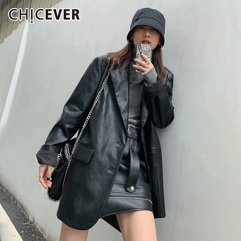 CHICEVER винтажная куртка из искусственной кожи для женщин воротник с лацканами