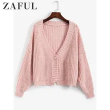 ZAFUL женский розовый кардиган с v-образным вырезом на одной пуговице, Свободный кардиган с заниженным плечом, повседневный осенне-зимний теплый однотонный короткий свитер